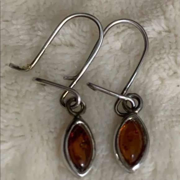 Sterling Silver and Honey Brown Amber Earrings in a Minimalist Teardrop Design - Picture 1 of 4